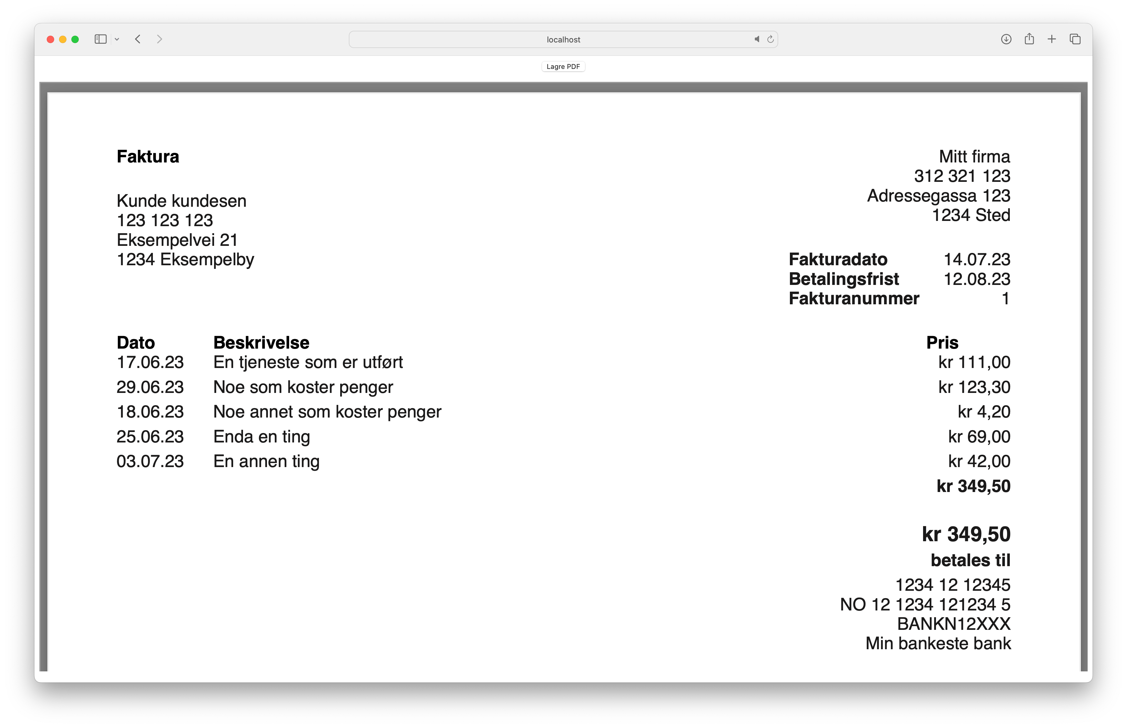 Genererer PDF-fakturaer fra JSON. Administrasjonsbrukergrensesnitt uferdig.